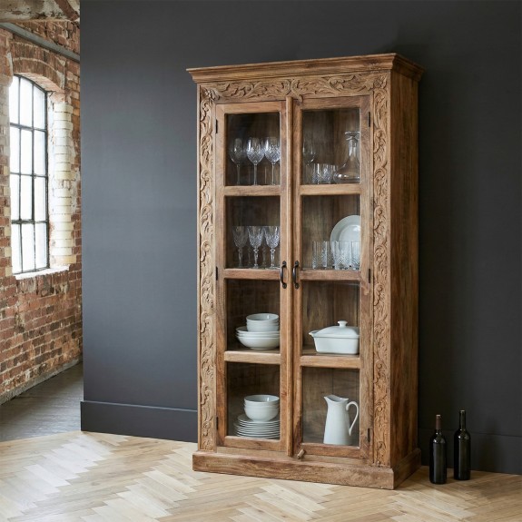 meble do salonu indyjska drewniana witryna rzeźbiona mabdala brązowa boho