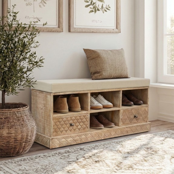 aranzacja przedpokoju lawka na buty meble rustykalne z drewna mango