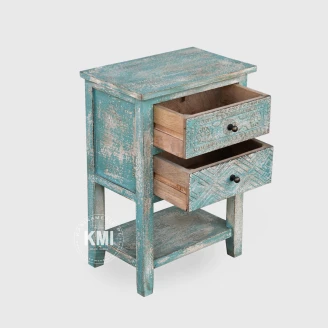 blekitna szafka nocna orientalna z rzezbionymi szufladami meble drewniane