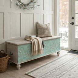 Skrzynia Rzeźbiona Turkus 117 cm Drewno Mango | Meble Orientalne