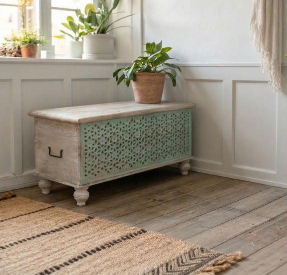 meble orientalne średnia skrzynia rzeźbiona turkusowa ławka do przedpokoju styl boho 93cm