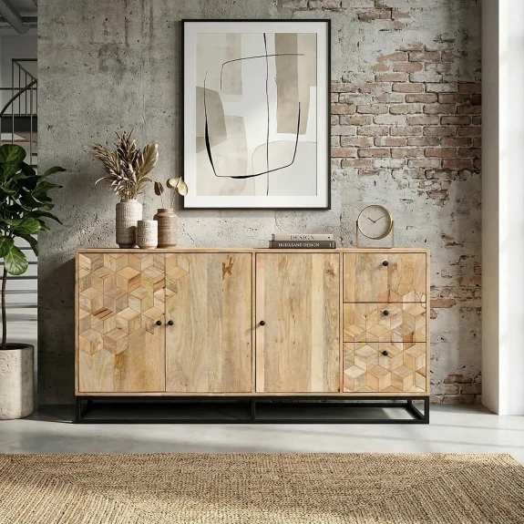 duza nowoczesna komoda drewniana hexo w surowym salonie z cegla meble w stylu loft