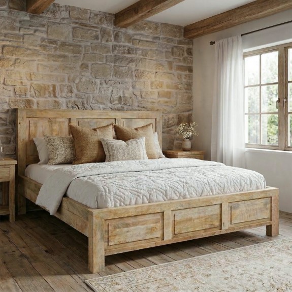 meble rustykalne łóżko drewniane milford 160x200 drewno mango w sypialni styl rustykalny