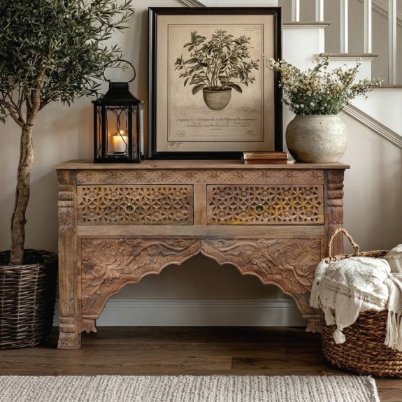 stylizowana aranzacja konsola orientalna z lustrem meble indyjskie wnetrze