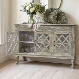 Ręcznie Rzeźbiona Przeszklona Komoda Orientalna 150 cm | Meble z Drewna Mango