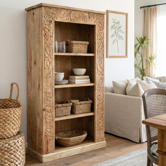 biblioteczka drewniana w salonie aranzacja wnetrza meble boho