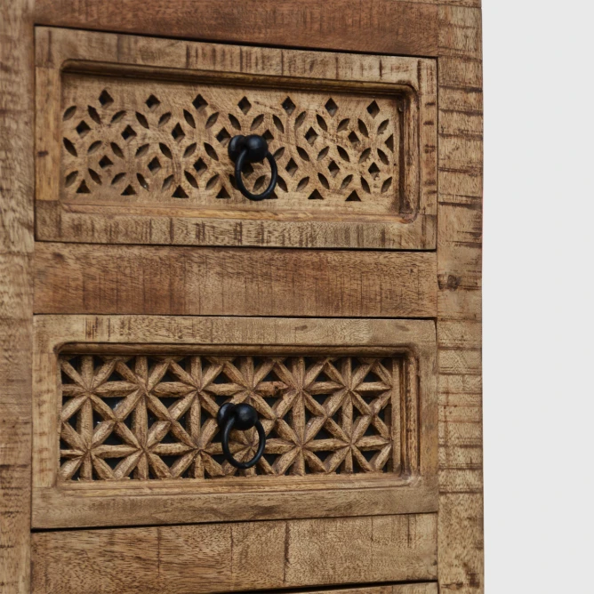 detale rzeźbionych frontów szuflad meble orientalne drewno patynowane