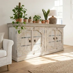 Duża Komoda Drewniana Bielona – Jasna Komoda w Stylu Indyjskim