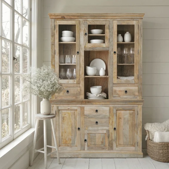 potezny kredens rustykalny 150 cm z drewna mango z szufladami w jasnym salonie meble drewniane klasyczne