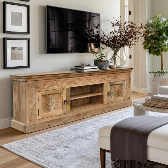 aranzacja salonu rzezbiona szafka rtv pod telewizorem meble orientalne