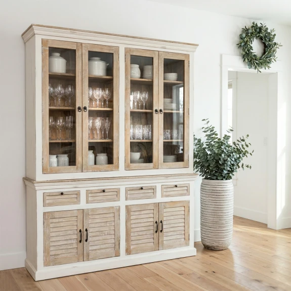 meble hampton duży kredens z drewna mango witryna 180cm jasna jadalnia styl coastal
