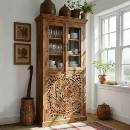 Witryna Rzeźbiona Mandala 180 cm Jasny Orzech | Meble Indyjskie