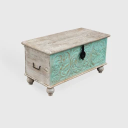 Meble Orientalne | Skrzynia Drewniana Rzeźbiona 90 cm Turkusowa