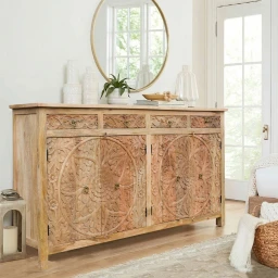 Meble Indyjskie | Duża Komoda Rzeźbiona Mandala 195 cm Drewno Mango