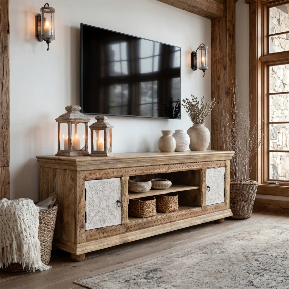 meble indyjskie jasna szafka rtv pod telewizor boho loco w salonie