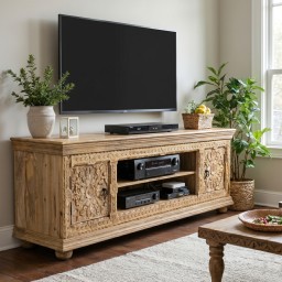 Meble Indyjskie | Rzeźbiona Szafka RTV Boho 180 cm Mango Naturalne