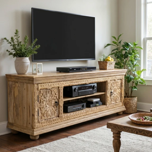 meble indyjskie rzeźbiona szafka rtv naturalne drewno mango pod telewizor w salonie