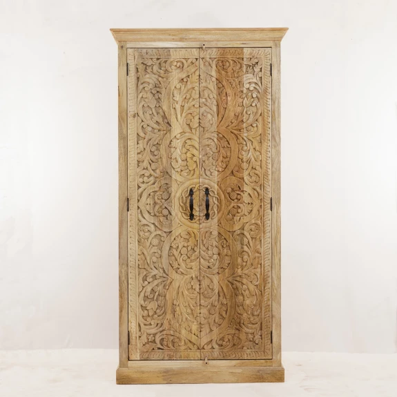 wysoka szafa drewniana 100x200 2 drzwi głęboko rzeźbiony front motyw roślinny