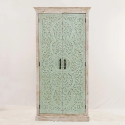Meble Indyjskie | Szafa Rzeźbiona Drewniana 100 cm Bielona Turkus