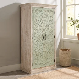 Meble Indyjskie | Szafa Rzeźbiona Drewniana 100 cm Bielona Turkus