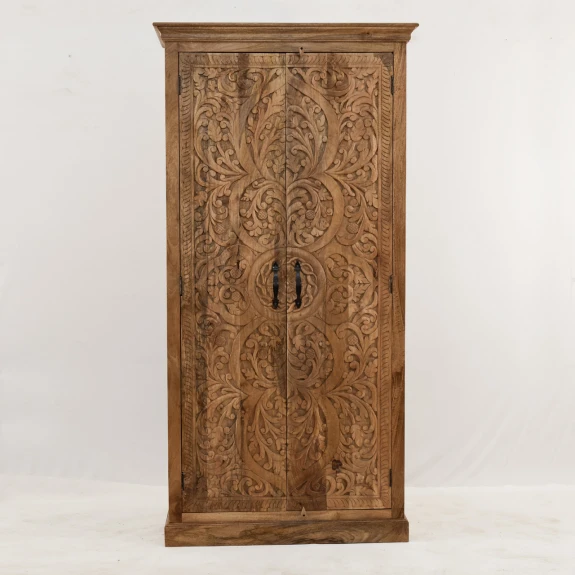 meble indyjskie wysoka szafa drewniana 100x200 rzeźbiona z drewna mango jasny brąz