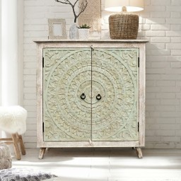 Meble Indyjskie | Komoda Rzeźbiona 90 cm Drewno Mango Bielona