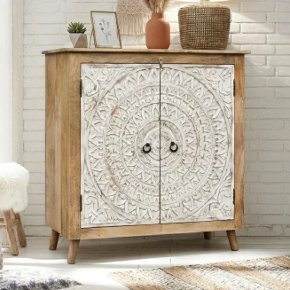 Meble Indyjskie | Komoda Rzeźbiona 90 cm Drewno Mango Biały Front