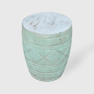 Meble Orientalne | Stolik Rzeźbiony Bęben 44 cm Miętowo-Biały