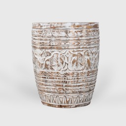 Meble Orientalne | Stolik Rzeźbiony Bęben 44 cm Bielony Przecierany