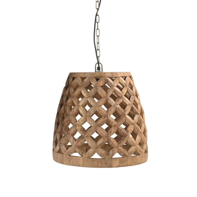 lampa drewniana sufitowa ażurowa z litego drewna mango na łańcuchu matowe wykończenie patyna geometryczny wzór