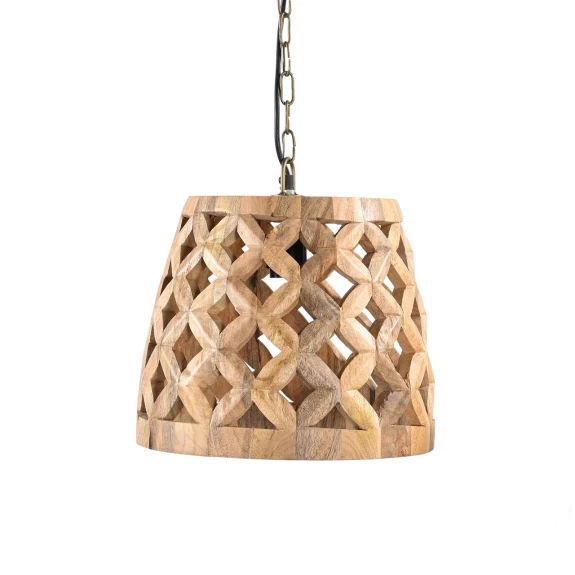 lampa drewniana sufitowa ażurowa 30cm z litego drewna mango naturalny kolor półmatowy lakier geometryczny wzór łańcuch
