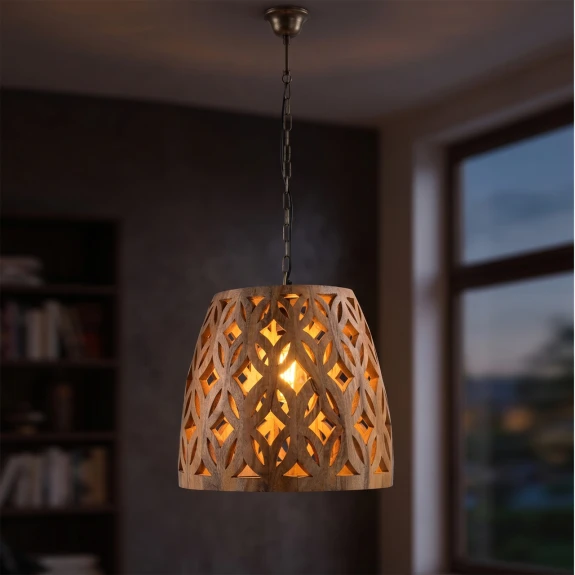 lampa drewniana sufitowa ażurowa z litego drewna mango na łańcuchu motyw przenikających się liści łezek patyna