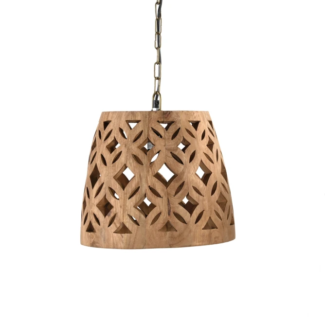 lampa drewniana sufitowa ażurowa 30cm z litego drewna mango na łańcuchu matowe wykończenie patyna orientalny wzór liści białe tło