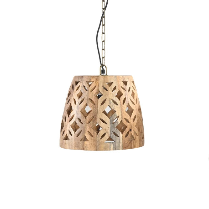 lampa drewniana wisząca ażurowa 30cm z litego drewna mango naturalny kolor półmatowy lakier orientalny wzór przenikających się liści na łańcuchu