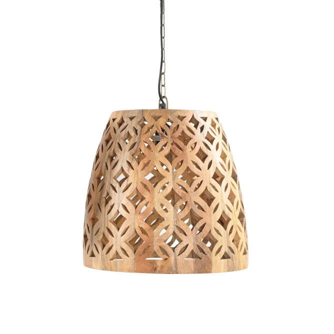 lampa drewniana sufitowa ażurowa 40cm z litego drewna mango naturalny kolor półmatowy lakier orientalny wzór liści na łańcuchu