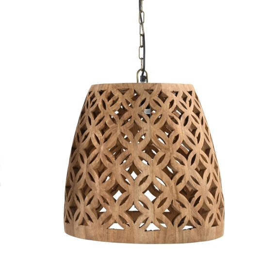 lampa drewniana sufitowa ażurowa 40cm z litego drewna mango na łańcuchu matowe wykończenie patyna orientalny wzór liści na białym tle