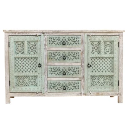 Turkusowa Komoda Boho 150 cm Rzeźbiona z Litego Drewna Mango | Meble Indyjskie