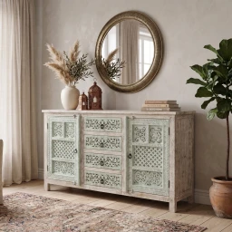 Turkusowa Komoda Boho 150 cm Rzeźbiona z Litego Drewna Mango | Meble Indyjskie