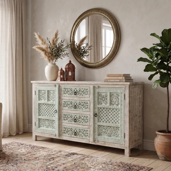 duza rzezbiona komoda boho 150 cm z turkusowymi frontami w jasnym salonie meble orientalne