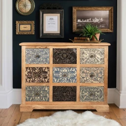 Komoda Indyjska Rzeźbiona 115 cm | Patchwork z Drewna Mango 9 Szuflad
