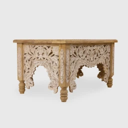 Meble Orientalne | Stolik Rzeźbiony Rozeta 90x60 Drewno Mango Bielony