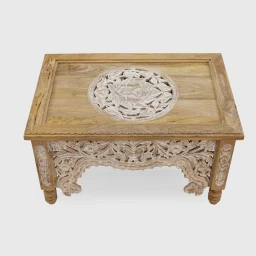 Meble Orientalne | Stolik Rzeźbiony Rozeta 90x60 Drewno Mango Bielony