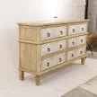 komoda rzeźbiona 145x40x85 drewno mango widoczny kontrast naturalnego boku i bielonych szuflad