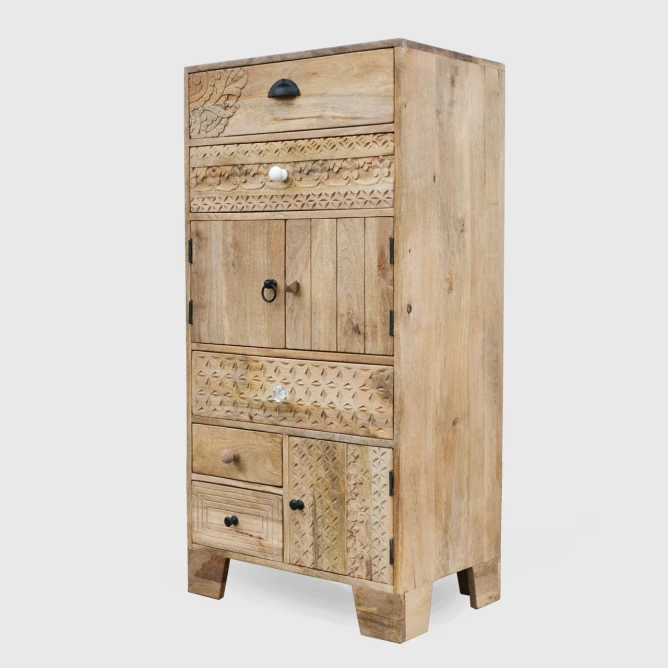 meble drewniane patchworkowa komoda rzeźbiona styl boho loft 5 szuflad