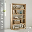 meble drewniane biblioteczka z drewna mango 100x33x180 z książkami i dekoracjami w jasnym wnętrzu