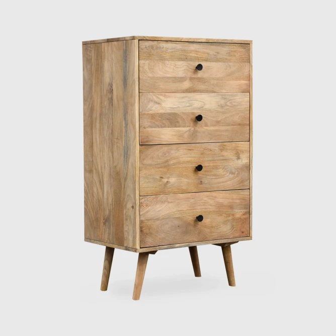 smukła komoda boho 60x40x105 lite drewno mango wysokie skośne nóżki z boku