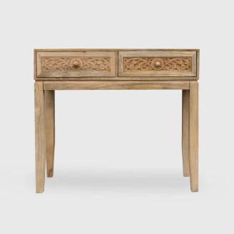 wąska toaletka drewniana 90x35x75 na smukłych nóżkach rzeźbione fronty meble boho na wprost