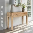 meble boho konsola drewniana goa 90cm z drewna mango z dwiema rzeźbionymi szufladami jasny korytarz