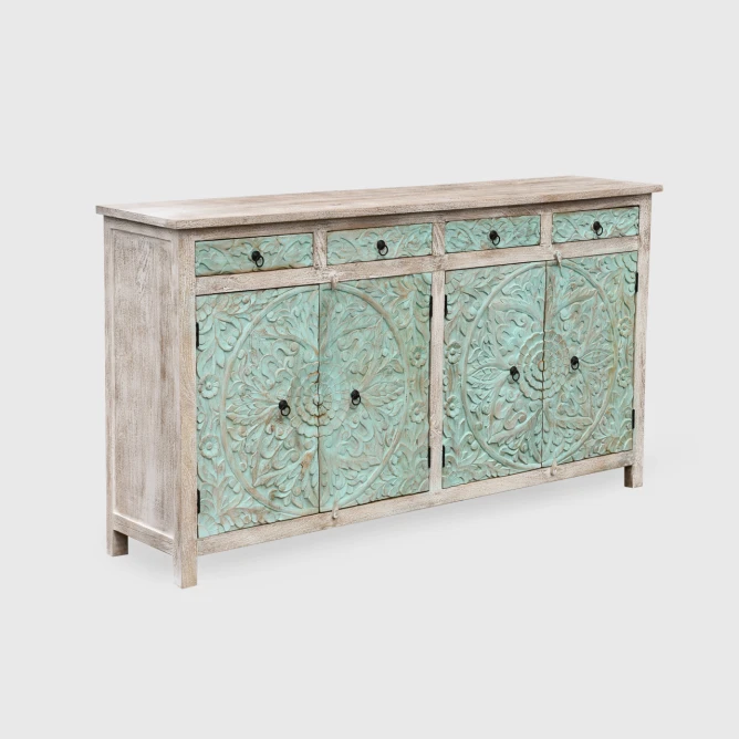 komoda indyjska 195cm 4 szuflady i szafki rzeźbione fronty motyw mandali farba shabby chic mięta