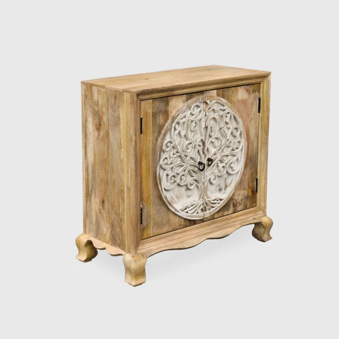 komoda indyjska dwudrzwiowa brak szuflad rzeźbione fronty motyw drzewa życia biała farba shabby chic naturalne mango